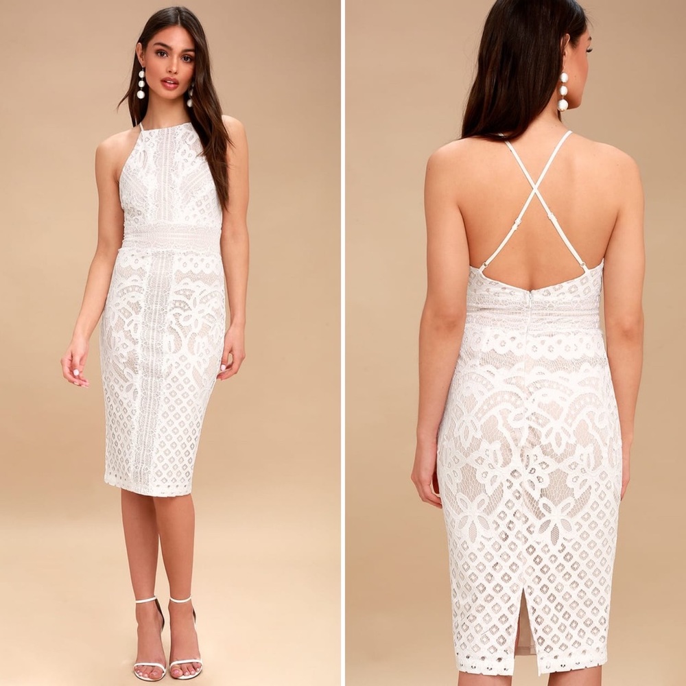 Lulu’s Primrose Nude & Ivory Lace Midi Dress